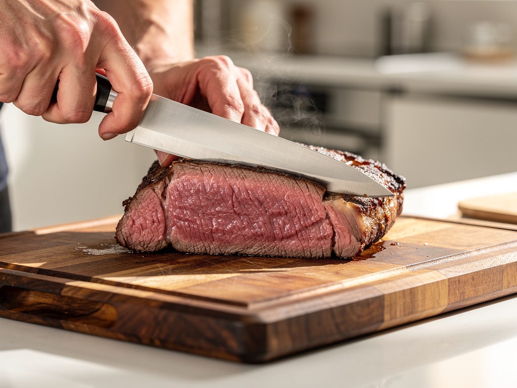Hands slicing a thick steak from a large beef piece on a wooden block at the counter.