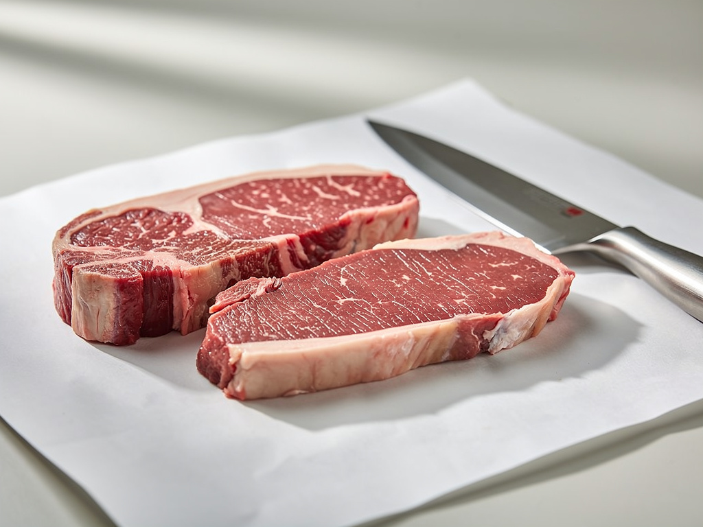 Two steaks of different thickness laid side by side on butcher paper with a knife nearby.
