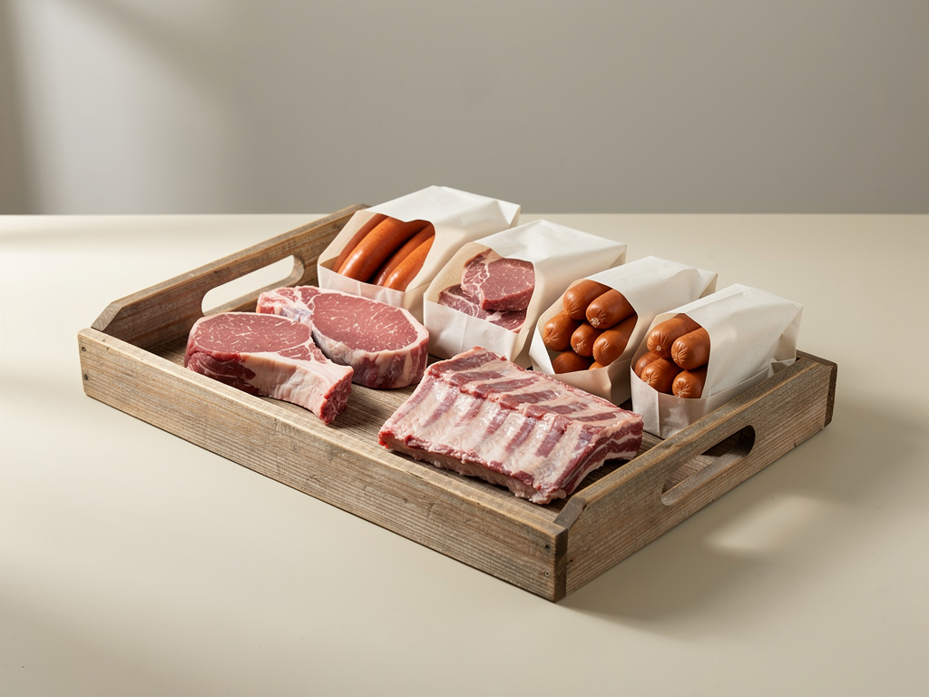 An assembled barbecue kit of assorted cuts and sausages wrapped in butcher paper on a wooden tray.