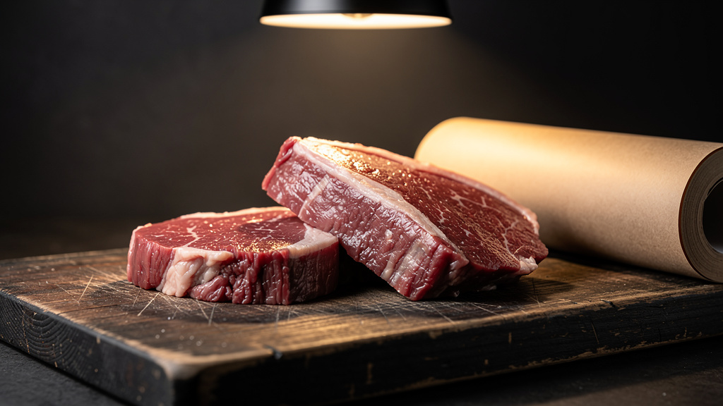 Close-up of fresh beef cuts resting on a dark wooden board next to butcher paper under warm lamp light.