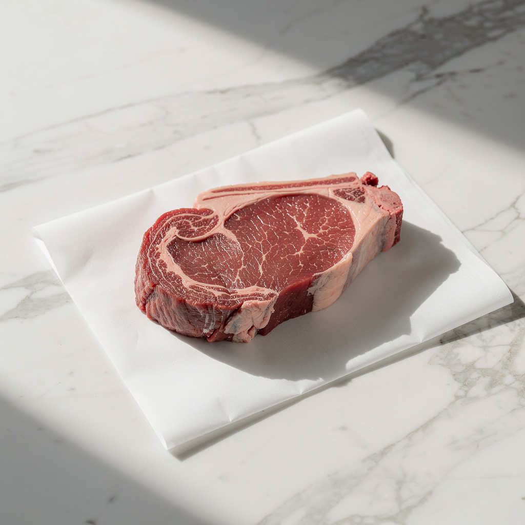 A raw beef cut resting alone on a clean marble surface with a plain sheet of butcher paper underneath.