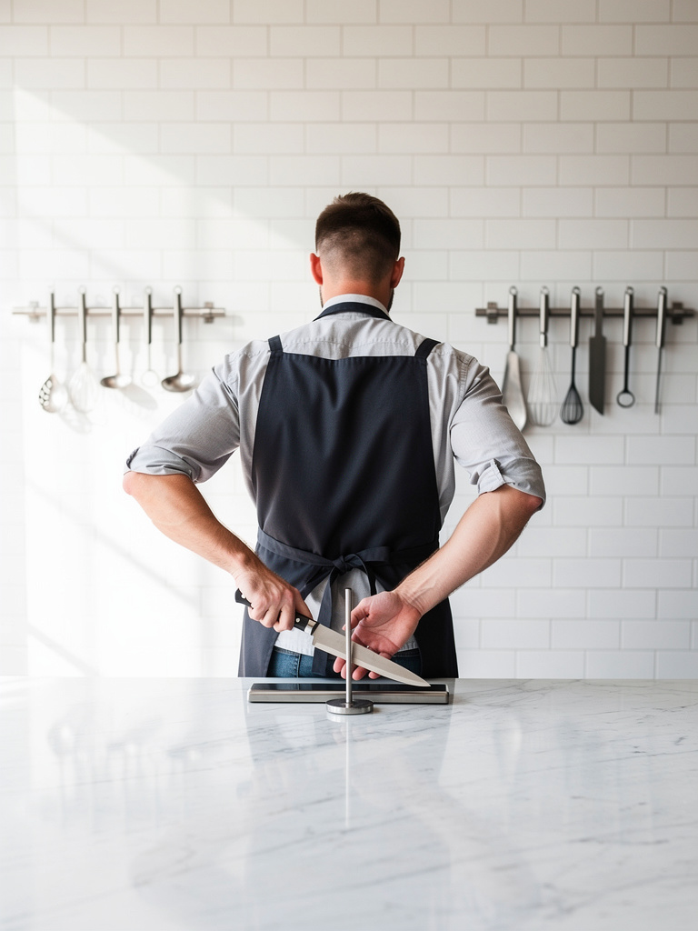 A butcher seen from behind at a marble counter with white tile walls, sharpening a knife beside hanging tools.